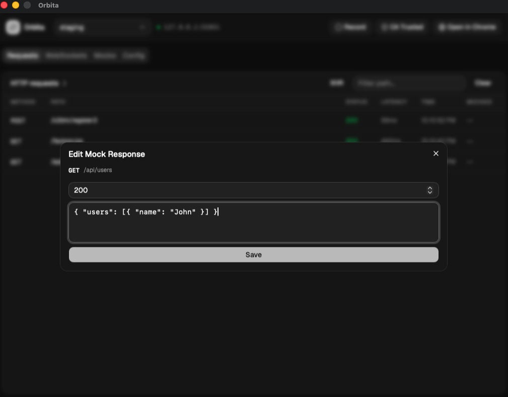 Orbita mock-response editor configuring a response for an API endpoint