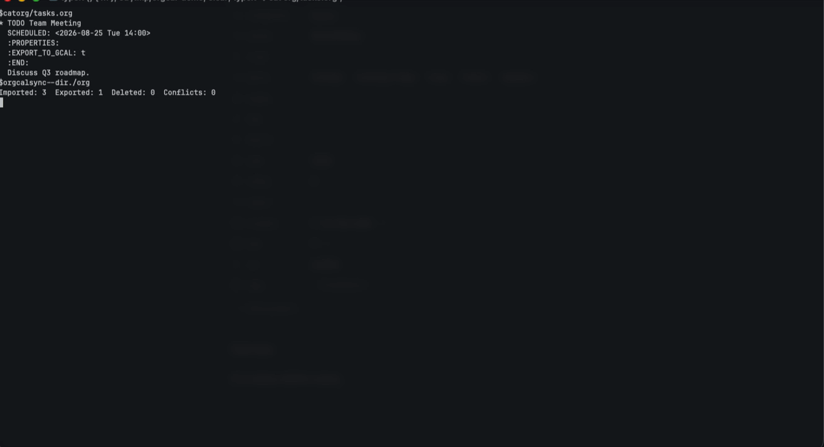 Orgcal terminal demo showing a successful calendar synchronization